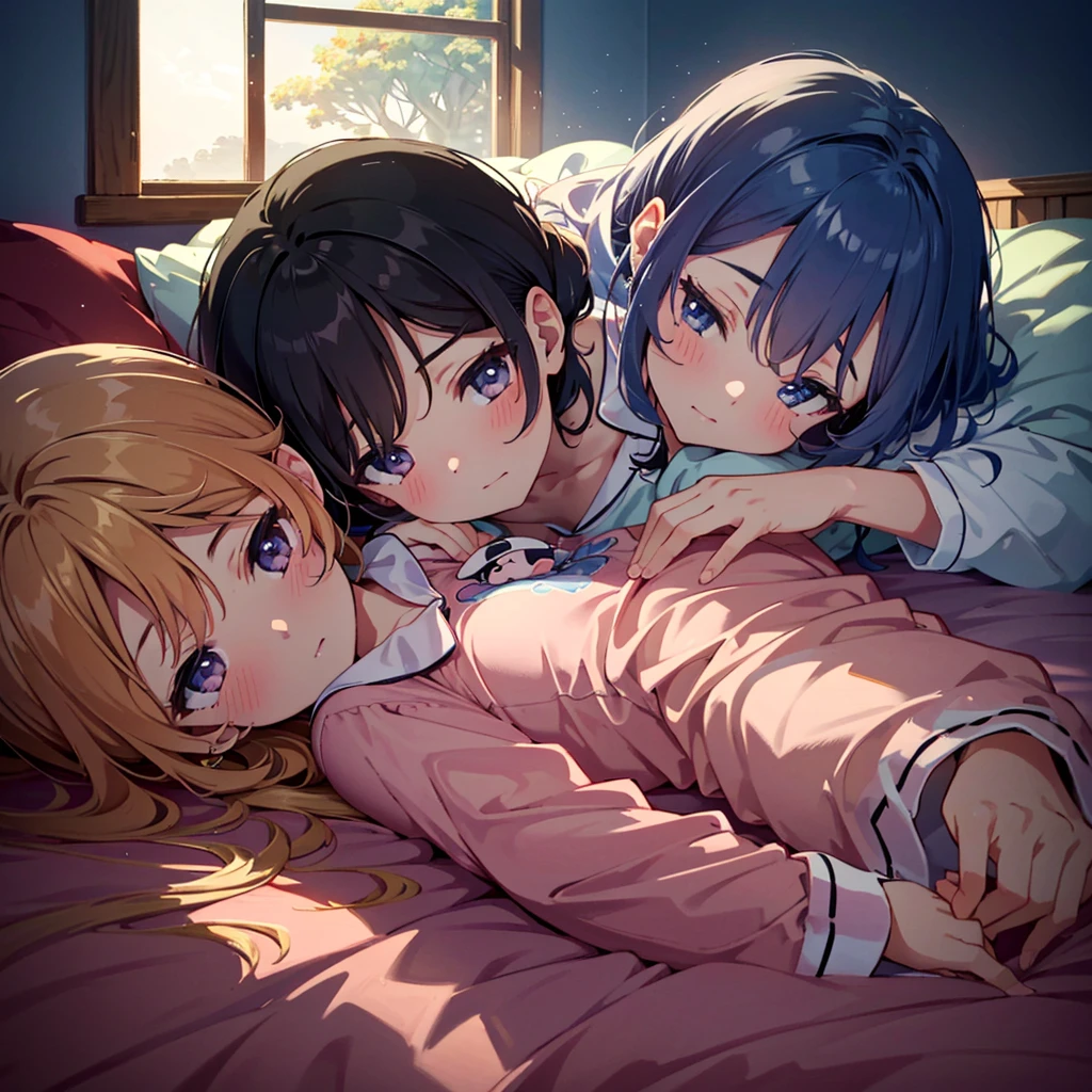 {{{Masterpiece, highest quality, high resolution background}}}, bright and beautiful atmosphere, 3 girls (, 1 short-tempered round face), 1 (hair, surface effects), small breasts, in bed A girl dozing upstairs, her cute room, cute pajamas, a mini pig on the bed, a mini pig dozing on the floor, "deltamon_sdXL :0.73) >Deltamon"