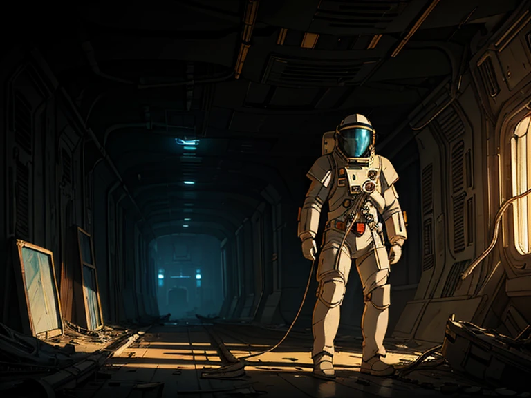 masterpiece, great detail, Astronaut Soldier, looking straight ahead, White uniform, armor scifi, Alone, abandoned spaceship, wrecked ship, low light, destroyed hallways, Cables, Cables, Lights, darkness