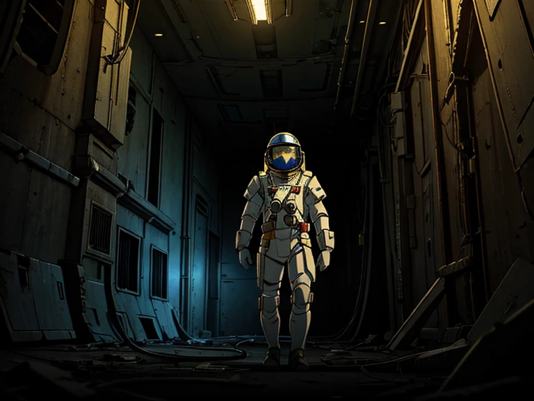 masterpiece, great detail, Astronaut Soldier, looking straight ahead, White uniform, armor scifi, Alone, abandoned spaceship, wrecked ship, low light, destroyed hallways, Cables, Cables, Lights, darkness