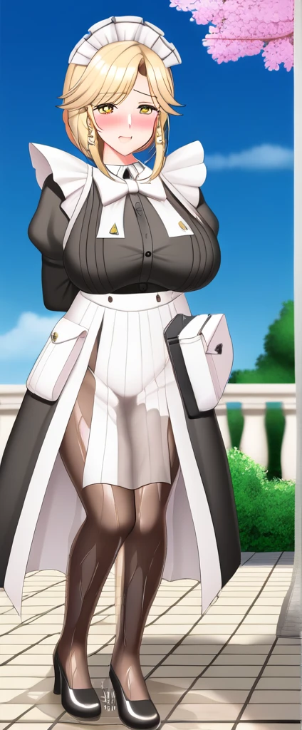 (masterpiece:1.37), Highest quality, (Very detailed:1.37), (One Girl:1.5), woman, (mature:1.5), (Adult:1.5), Hair Ribbon,Earrings, Maid clothes, pantyhose, (Pelvic Curtain:1.5), (Very detailed eyes:1.37), (get wet:2.0), despair, (Are standing:1.5), Embarrassing, humiliation, blush, anger, cherry blossoms, garden, (Golden Hour:1.5), whole body, (Crossing your legs:1.5), From above