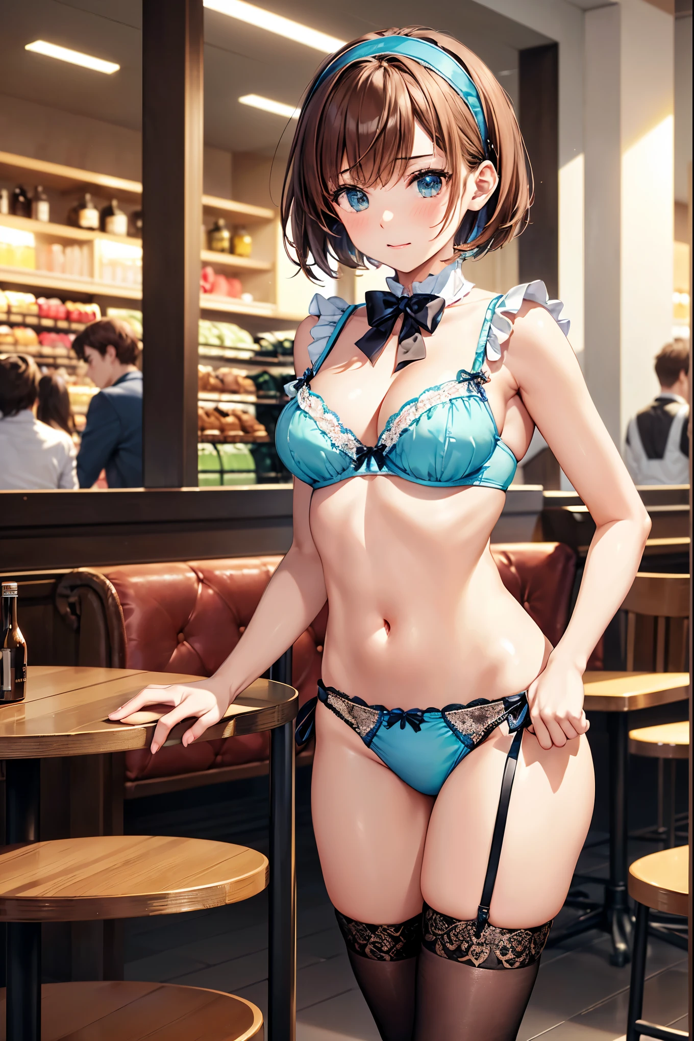 (((masterpiece, Highest quality, High resolution, 超High resolution, Perfect Pixel, Depth of written boundary, 4K, RTTX 10.0))), Beautiful Anime Woman, Beautiful art style, Anime characters, ((Smooth texture, Realistic texture, Anime CG Style)), Perfect and accurate finger count、Exact number of legs、(Exact number of arms:1.0, Exact number of hands:1.0), (Perfect hands, Perfect Anatomy), Cinematic, Realistic, Extremely detailed CG, Daytime lighting, Perfect lighting, Best Shadow, The best natural light, whole body, Perfect body, バランのとれたPerfect body, Perfectly balanced style, Slender body, ((bangs, Reddish brown hair, Bobcut)), ((A cute adult woman is standing facing this way:1.8)), ((Bow tie around neck:1.3), (Sexy and cute turquoise underwear:1.3), (Stylish shiny turquoise blue satin panties, Side-tie panties, Panties with a plain turquoise blue center and lace decoration on the sides:1.3), (Thin panties:1.3), (Turquoise micro lace satin bra, Turquoise blue bra with lace trim around the edges, Thin bra:1.3), (lace garter belt, Garter Strings, Knee socks:1.3):1.3), (Beautiful big boobs:1.1), (Embarrassed expression:1.7), blush, (Stylish restaurant, Many visitors in the background, Inside the crowded store, Tables and chairs filled with male customers, Many men sitting at tables and chairs, The attention men are giving her:1.7), naked, In underwear, パンティとブラとガーターベルトとKnee socksだけ, (Headbands with frills:1.2), Angle from the front