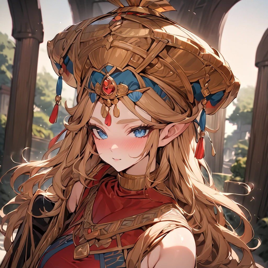 ((Highest quality)), ((masterpiece)), (detailed), （Perfect Face）、The woman is Princess Zelda of the Gerudo tribe, with blonde, medium-long hair, blue eyes, and is wearing a Gerudo outfit and luxurious Gerudo accessories.