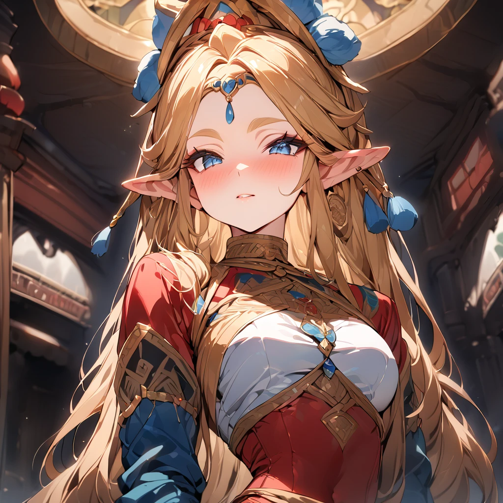 ((Highest quality)), ((masterpiece)), (detailed), （Perfect Face）、The woman is Princess Zelda of the Gerudo tribe, with blonde, medium-long hair, blue eyes, and is wearing a Gerudo outfit and luxurious Gerudo accessories.