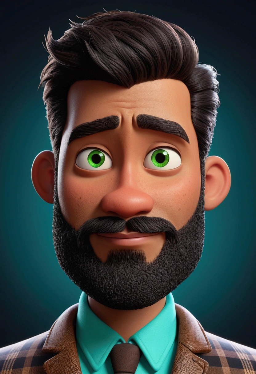 Cartoon character of a man with a long dark lumberjack style beard, dark chocolate colored skin, short black lumberjack style hair, green eyes, a black blazer, the black background with blue, an animated character, stylized character, style rendering animation, 3D stylized, Arnold Maya rendering, Stylized 3D rendering, toon render screenshot, 3D Character, 3D Character, Stylized 3D rendering, 3D character rendering, cartoon character, Close up character, Character pose , (Pixar Style) (Master Part:1.2) (Bokeh) (Best Quality) (Detailed Skin) (Detailed Texture) (8K) (Clay) (Cinematic Lighting) (Sharp Focus,Sits and leaks upper body