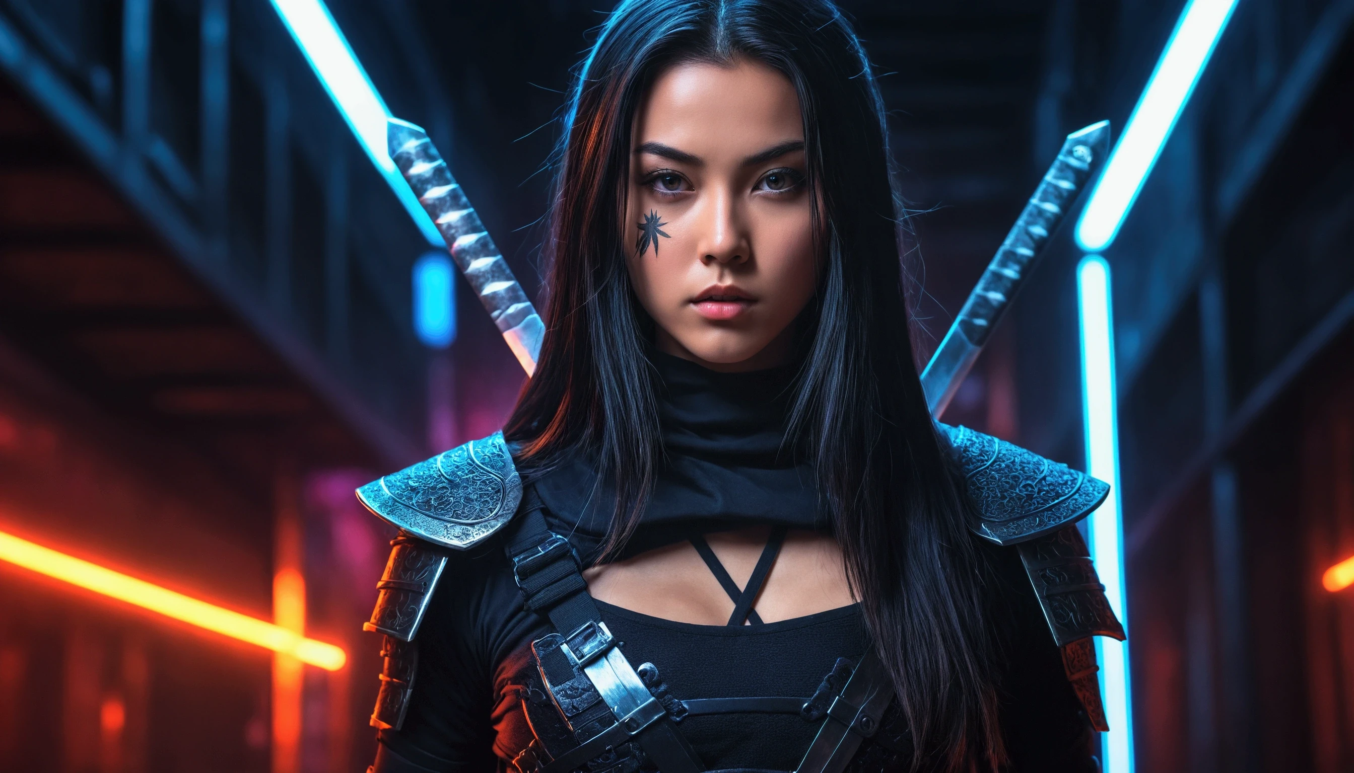 a beautiful young woman in a ninja outfit, detailed facial features, long dark hair, piercing gaze, tight bodysuit, intricate armor, ninja swords, dark urban setting, neon lights, moody atmosphere, cinematic lighting, dramatic poses, photo-realistic, hyper detailed, 8k, masterpiece