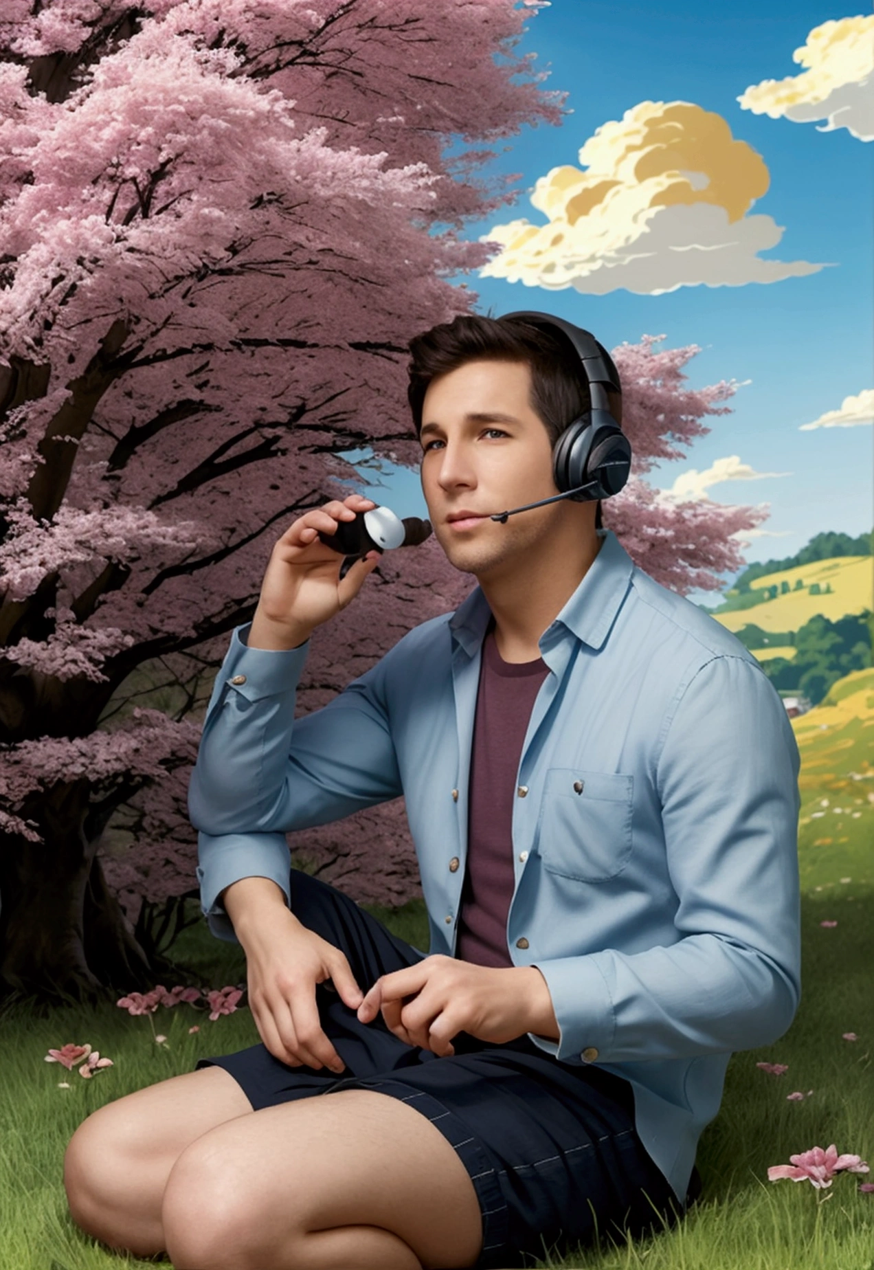 Boy sitting under a tree near a cliff in the meadow , See the vast blue sky with fluffy clouds and brushstrokes , tall grass stones, , makoto shinkai cyril rolando, anime art wallpaper 4k, anime art wallpaper 4k, animated background, anime art wallpaper 8k, animated background art, Anime landscape wallpaper, amazing wallpaper, hd wallpapers, 4k animated wallpaper, 4k animated wallpaper, Aries Moros Art,Bob Byerly(Bob Byerley)the art of , AshleyTreesArtAI, Greg Rutkowski, flower, very colorful, flower velly, rabbit near boy,boy listening to music with headphones
