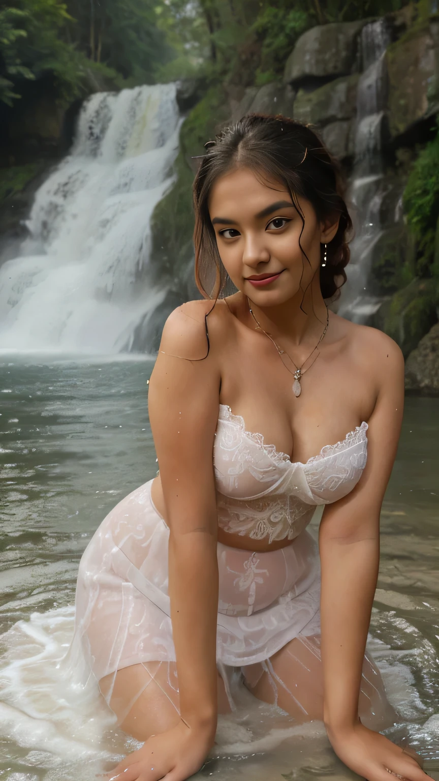 extreme close up photo of sexy indian, front view, curvy, swooping nued breasts, deep cleavage, wet white see through lace strapless dress, floating on river, waterfalls, birds, animals, elephant, French braid hair, necklace, subtle smile, seductive eyes, sultry