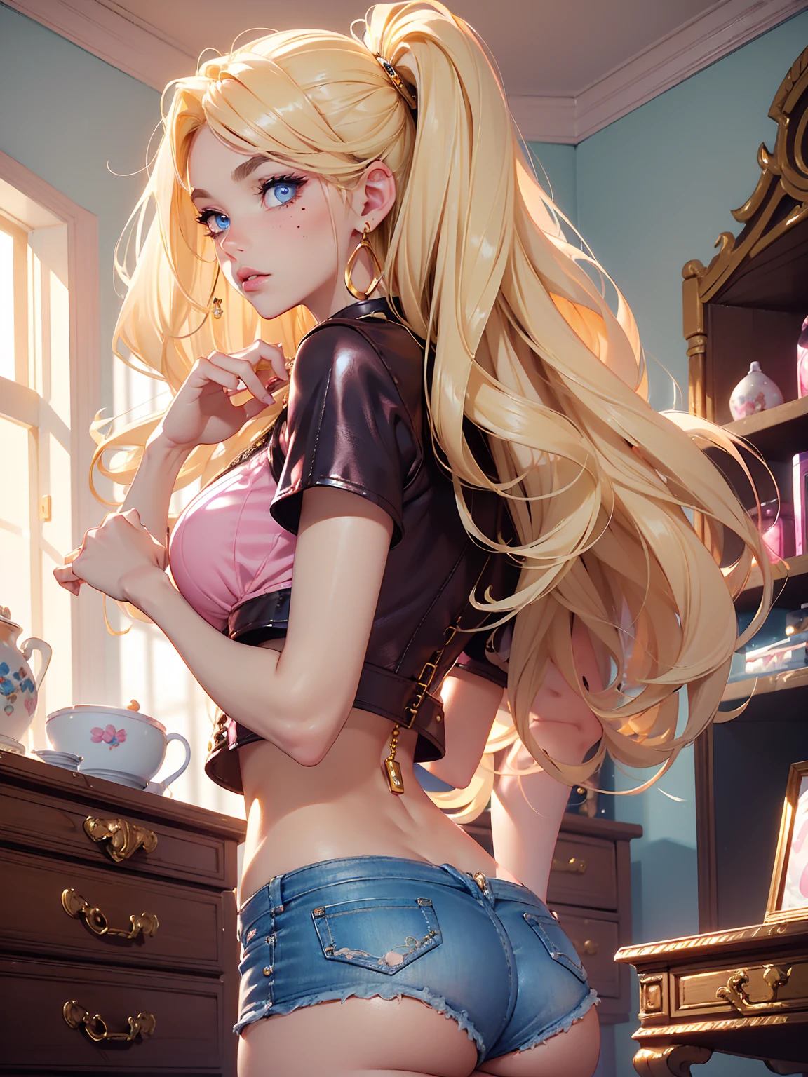 (((Blonde stunning hair))), (blue eyes), blue necklace, Golden earrings, Fit, Gorgeous Body, gorgeous, brown eyebrows, (two moles over lip), big pupils, (23 years old), 1girl,solo, complex skin, warm light, (large breasts), wide thighs, round butt, 5 fingers, ((blushing)), ((detailed face, best quality)),(beautiful detailed eyes), red lip, eyeshadow, beautiful face, long hair, very detailed eyes, intricate details in eyes, perfect lips, good lighting, ((masterpiece, Best quality, a high resolution, ultra detailed),(beautiful and aesthetically pleasing:1.2), 1 woman, Beautiful, Detailed eyes and face , ((pink crop top, short jean shorts)), (((pink bedroom, all furniture is girly leather))), ((big , big ass)), ((pov from the back))