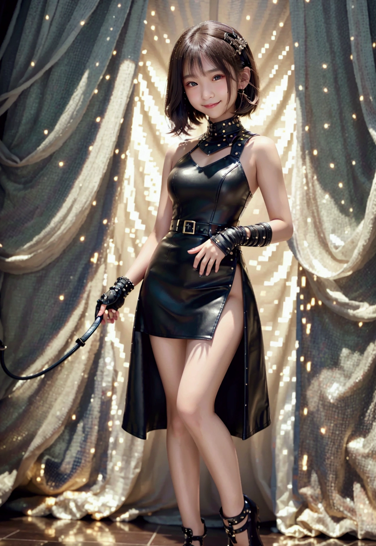 (((Pixel Perfect,Perfect in every detail))), smile,NSWF,lovely，Leather whip，whip!!!!!，cinematic，whipを手に持っている，Full body portrait，長いwhipが床に垂れている，8k, 12 years old, Teen, Idol&#39;s face