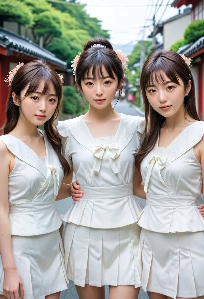 (Highest quality, masterpiece, Ultra-high resolution, (Realistic:1.4), RAW Photos), (((Trio of Girls, Japan's No. 1 idol girl group, , Upward-facing buttocks, Beautiful ass, Cute Panties, Pleated skirt))), (Amazingly beautiful black hair, Detailed face, Perfect body, Beautiful Skin, Cute Profile), Sunny outdoors