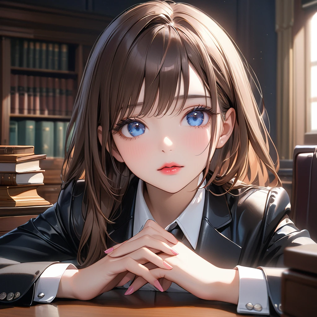 Highest quality, masterpiece, Ultra-high resolution, Realistic:1.2, RAW Photos, Intricate details, Portraiture, Big beautiful blue eyes:1.2, Perfect contours, Girl, break ((facing viewer, upturned eyes:1.2)), ((petite, short, tiny girl:1.2)), Brown Hair、Long Hair, (makeup:1.2, parted mouth, full lips:1.3, pink lips:1.2, shiny rips:1.2), ((Top female lawyers:1.2)), (Luxury shiny black formal suit、Luxurious silk shirt:1.2, Luxury high heels), BREAK ((He is sitting at a very luxurious desk, resting his chin on his hands.、Black leather chair))、On the desk is the complete collection of laws.、The stacks of bills are neatly organized., (Crossing your legs)、((The background is a room in a top law firm.))、
