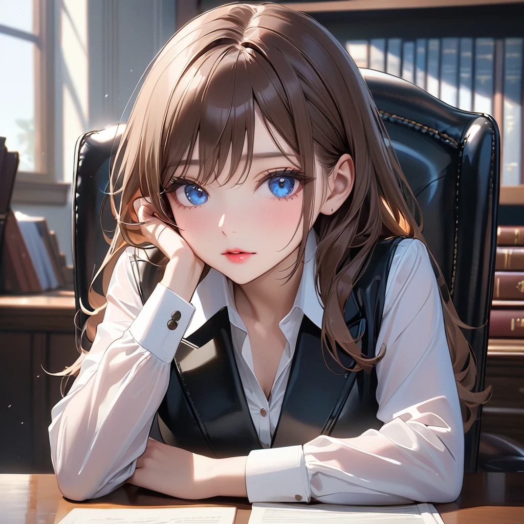 Highest quality, masterpiece, Ultra-high resolution, Realistic:1.2, RAW Photos, Intricate details, Portraiture, Big beautiful blue eyes:1.2, Perfect contours, Girl, break ((facing viewer, upturned eyes:1.2)), ((petite, short, tiny girl:1.2)), Brown Hair、Long Hair, (makeup:1.2, parted mouth, full lips:1.3, pink lips:1.2, shiny rips:1.2), ((Top female lawyers:1.2)), (Luxury shiny black formal suit、Luxurious silk shirt:1.2, Luxury high heels), BREAK ((He is sitting at a very luxurious desk, resting his chin on his hands.、Black leather chair))、On the desk is the complete collection of laws.、The stacks of bills are neatly organized., (Crossing your legs)、((The background is a room in a top law firm.))、