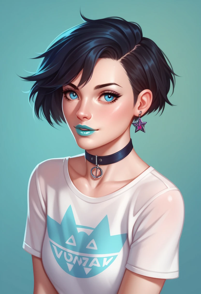 cerulean. really short hair(hair is made of galaxy and cosmos)in her hair you can see the galaxy. choker. Amber blue eyes. Bblack hair. cyan lips. t - shirt. a photo of a face nearby. Earplug 
