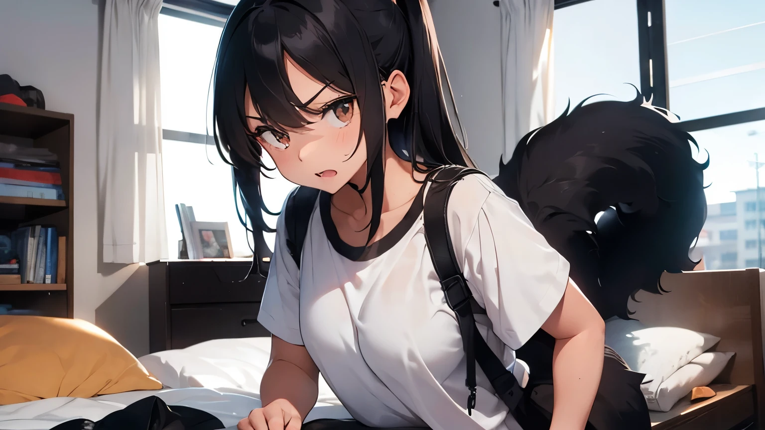 18 year old girl, long black fur, Brown eyes, very angry in her room, He wears a white t-shirt and blue pants.