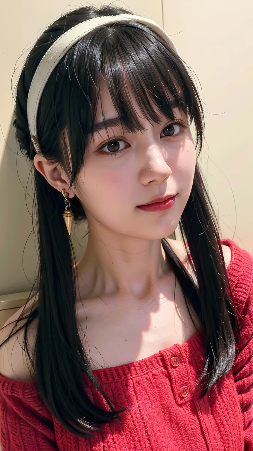 hight resolution、​masterpiece、1girl in、Bjorf、A dark-haired、short hair with long locks、white hairband、Look up、Kamimei、bending forward、smile、Bring your face closer、Red Eyes、Gold Earrings、Jewelry、off shoulders、Red Sweater、long-sleeve