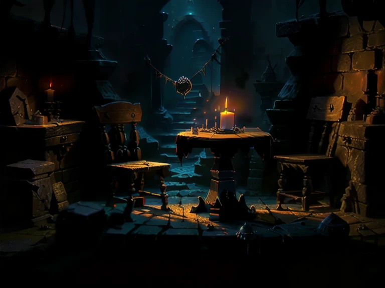 dungeon, small dark underground room, stone walls, monsters lair, old small table with a candle, spiders Web, broken bones, Wooden door, broken stools, safe