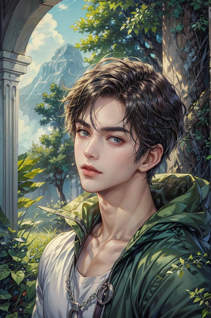 ((Best quality)), ((masterpiece)), (detailed), ((perfect face)), ((halfbody)) handsome face, male, teen boy,  perfect proportions , a character from anime saint seiya, short hair, male version , detailed ghibli interior scenery background 