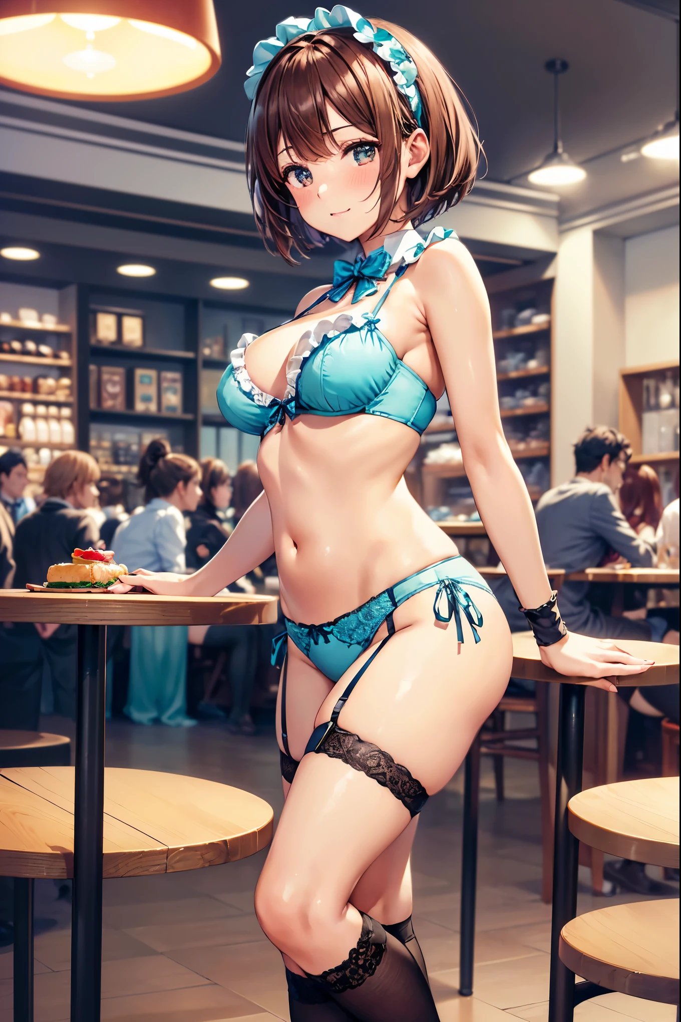 (((masterpiece, Highest quality, High resolution, 超High resolution, Perfect Pixel, Depth of written boundary, 4K, RTTX 10.0))), Beautiful Anime Woman, Beautiful art style, Anime characters, ((Smooth texture, Realistic texture, Anime CG Style)), Perfect and accurate finger count、Exact number of legs、(Exact number of arms:1.0, Exact number of hands:1.0), (Perfect hands, Perfect Anatomy), Cinematic, Realistic, Extremely detailed CG, Daytime lighting, Perfect lighting, Best Shadow, The best natural light, whole body, Perfect body, バランのとれたPerfect body, Perfectly balanced style, Slender body, ((bangs, Reddish brown hair, Bobcut)), ((A cute adult woman is standing facing this way:1.8)), ((Bow tie around neck:1.3), (Sexy and cute turquoise underwear:1.3), (Stylish shiny turquoise blue satin panties, Side-tie panties, Panties with a plain turquoise blue center and lace decoration on the sides:1.3), (Thin panties:1.3), (Turquoise micro lace satin bra, Turquoise blue bra with lace trim around the edges, Thin bra:1.3), (lace garter belt, Garter Strings, Knee socks:1.3):1.3), (Beautiful big boobs:1.1), (Embarrassed expression:1.7), blush, (Stylish restaurant, Many visitors in the background, Inside the crowded store, Tables and chairs filled with male customers, Many men sitting at tables and chairs, The attention men are giving her:1.7), naked, In underwear, パンティとブラとガーターベルトとKnee socksだけ, (Headbands with frills:1.2), Angle from the front