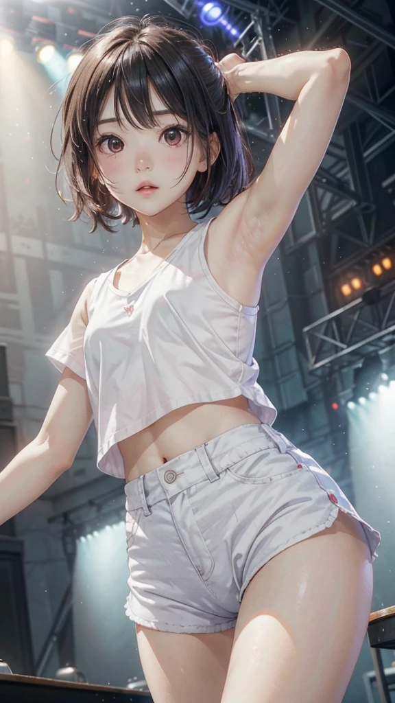 pretty girl、very cute、Round face、alone、slim、Medium chest、Short and small . Glowing Skin、Pure white tube top T-shirt、Shorts、Dynamic pose、Dynamic Angle、No background、White Background、Looking at the audience