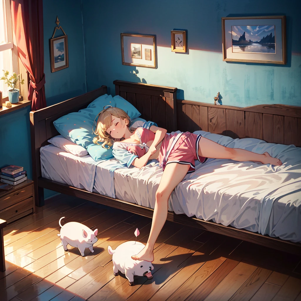 {{{Masterpiece, highest quality, high resolution background}}}, bright and beautiful atmosphere, 3 girls (2 , 1 short-tempered round face), 1  (hair, surface effects), small breasts, in bed A girl dozing upstairs, her cute room, cute pajamas, a mini pig on the bed, a mini pig dozing on the floor, "deltamon_sdXL :0.73) >Deltamon"