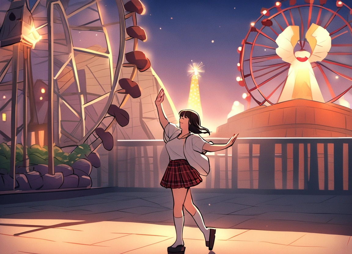 cartoon你的名字，Shinkai Makoto style，cartoon，Shinkai Makoto style，evening，night，evening，night，A girl，Wearing a white top，Plaid skirt，White knee socks，Dancing on the platform，Ferris wheel in the background，evening，night，日本cartoon-你的名字风格，Combining elements of reality and fantasy，Shinkai Makoto style