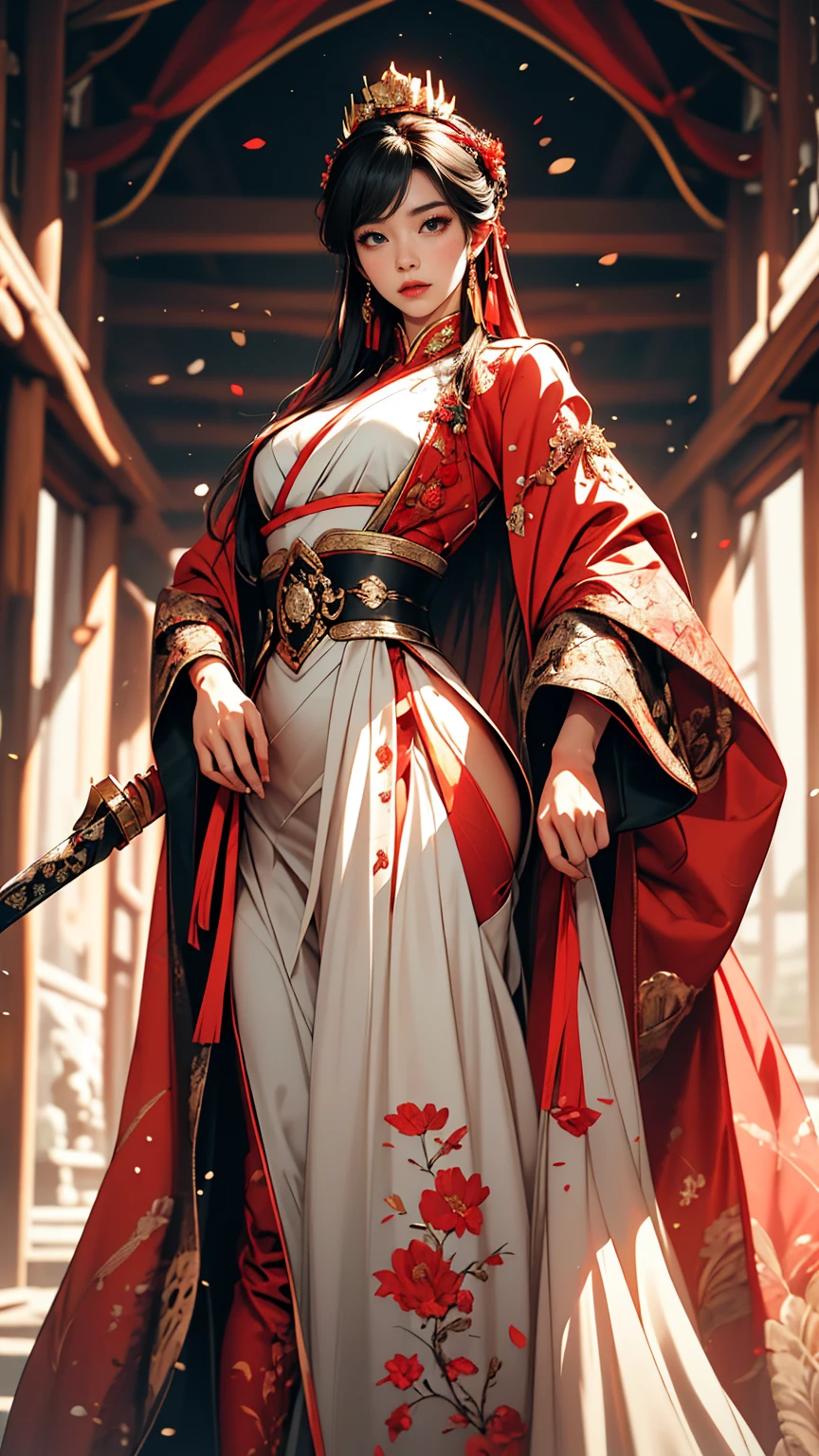 {
  "prompt": "Commander Mei Lin, a highly detailed seinen manga style full-body illustration in a 4K resolution, depicted as the Empress’s Wrath. She is shown with fair, flawless skin and long, straight raven-black hair styled in an intricate updo adorned with jeweled pins and a small crown. Her piercing cold gray eyes reflect intelligence, determination, and fierce loyalty. Mei Lin wears an elaborate uniform resembling the ceremonial attire of Empress Xian Li, made from the finest silks in shades of deep red, black, and gold, adorned with intricate embroidery and delicate lace. She carries a ceremonial dagger and sword, with hidden weapons concealed within her attire. The background includes elements of the imperial palace, with a dark, oppressive atmosphere, emphasizing her role as the enforcer of the Empress’s will. The illustration captures Mei Lin’s commanding presence, her cold and emotionless expression, and the aura of power and ruthlessness that surrounds her.",
  "size": "1024x1792"
}
