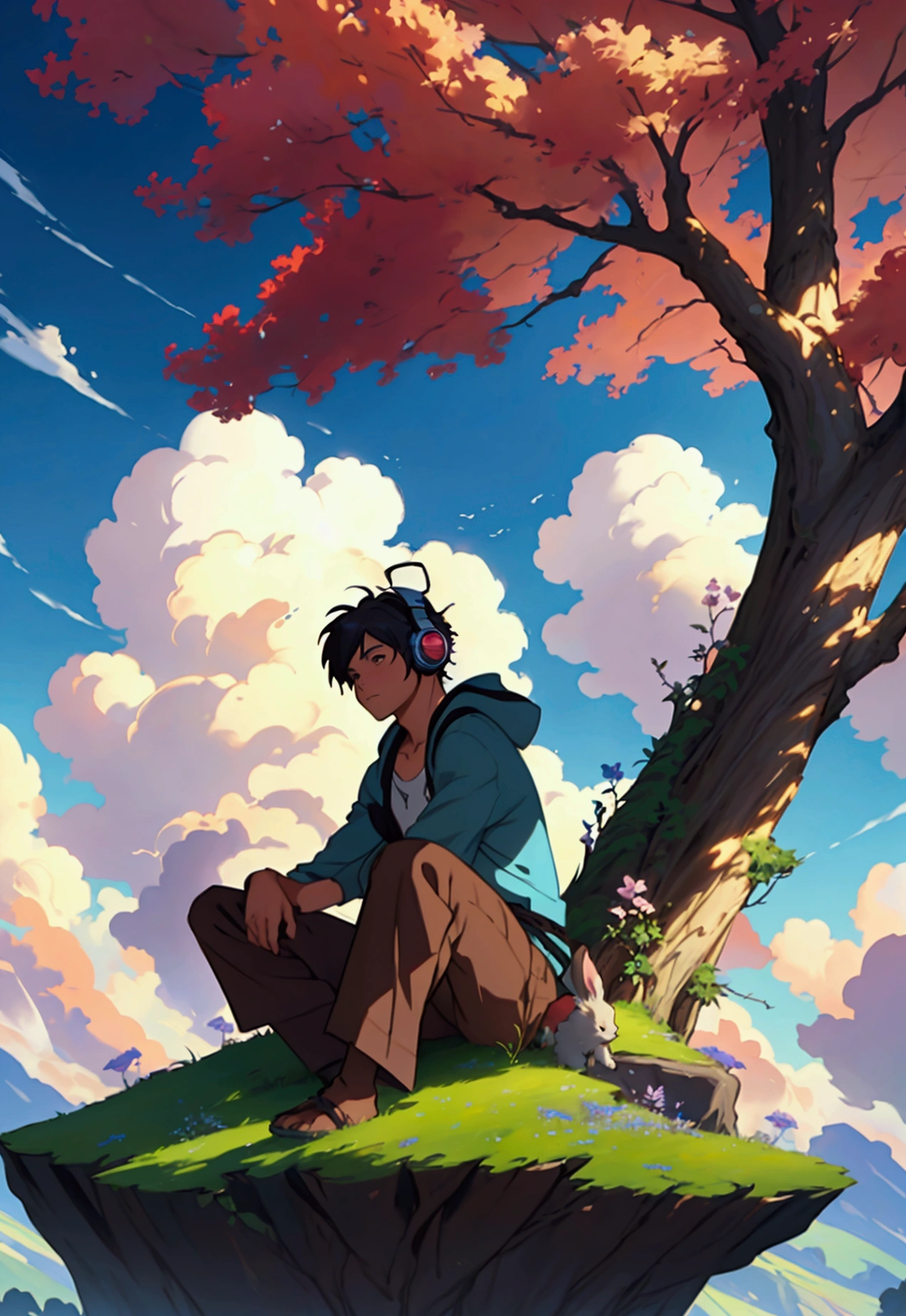 Boy sitting under a tree near a cliff in the meadow , See the vast blue sky with fluffy clouds and brushstrokes , tall grass stones, , makoto shinkai cyril rolando, anime art wallpaper 4k, anime art wallpaper 4k, animated background, anime art wallpaper 8k, animated background art, Anime landscape wallpaper, amazing wallpaper, hd wallpapers, 4k animated wallpaper, 4k animated wallpaper, Aries Moros Art,Bob Byerly(Bob Byerley)the art of , AshleyTreesArtAI, Greg Rutkowski, flower, very colorful, flower velly, rabbit near boy,boy listening to music with headphones