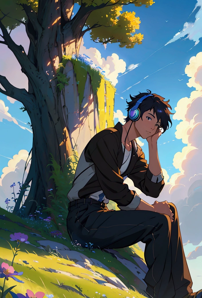 Boy sitting under a tree near a cliff in the meadow , See the vast blue sky with fluffy clouds and brushstrokes , tall grass stones, , makoto shinkai cyril rolando, anime art wallpaper 4k, anime art wallpaper 4k, animated background, anime art wallpaper 8k, animated background art, Anime landscape wallpaper, amazing wallpaper, hd wallpapers, 4k animated wallpaper, 4k animated wallpaper, Aries Moros Art,Bob Byerly(Bob Byerley)the art of , AshleyTreesArtAI, Greg Rutkowski, flower, very colorful, flower velly, rabbit near boy,boy listening to music with headphones
