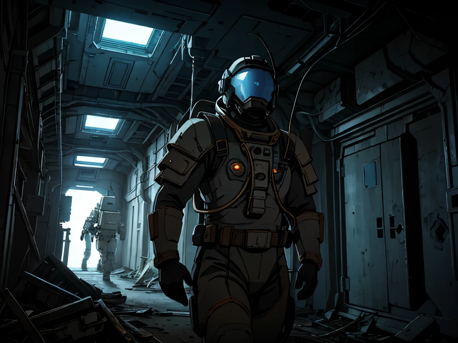 masterpiece, great detail, Astronaut Soldier, looking straight ahead, White uniform, armor scifi, Alone, abandoned spaceship, wrecked ship, low light, destroyed hallways, Cables, Cables, Lights, darkness