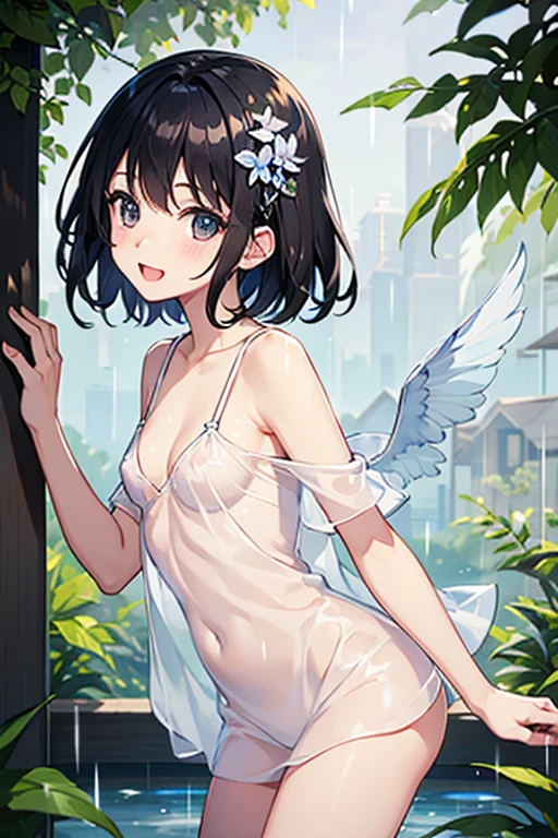 Highest quality、Black Hair、Iris、short hair、girl、cute、、、Small hair ornament、1 person、Completely naked、Transparent rain feathers、See-through、No bra、No panties、A happy look、Full of energy、