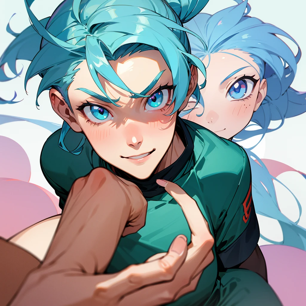 Eyes: Bright green, almond-shaped
Body: Athletic build, lean. 
Face: Heart-shaped face with a warm, inviting smile
Hair: Wavy, pastel blue hair often tied back in a loose ponytail. 

Anime young male in soccer uniform. 