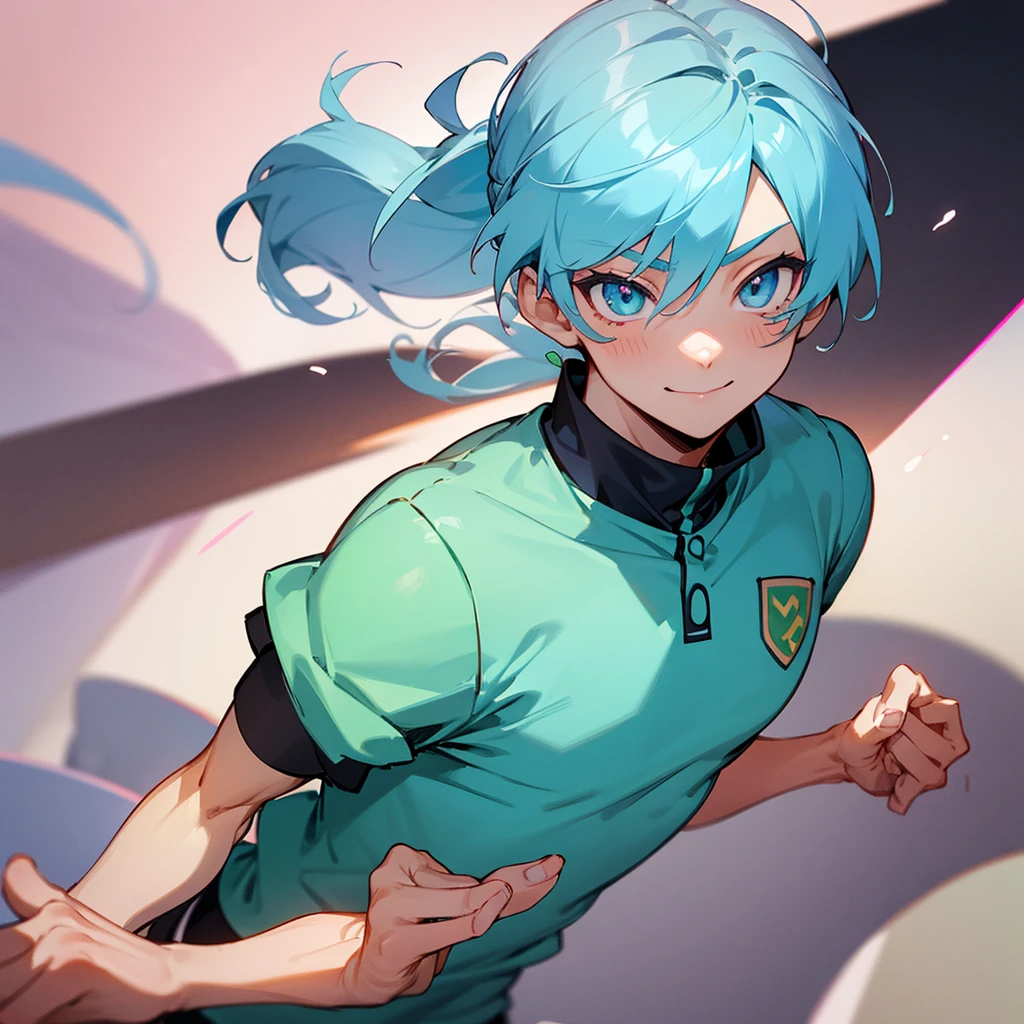 Eyes: Bright green, almond-shaped
Body: Athletic build, lean.
Face: Heart-shaped face with a warm, inviting smile
Hair: Wavy, pastel blue hair often tied back in a loose ponytail.
Anime young male in soccer uniform.