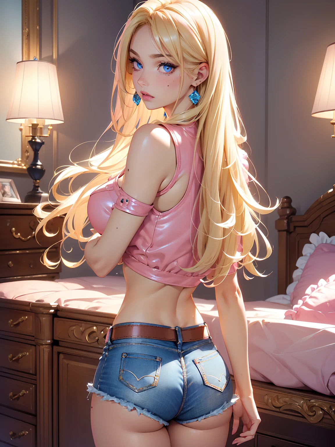 (((Blonde stunning hair))), (blue eyes), blue necklace, Golden earrings, Fit, Gorgeous Body, gorgeous, brown eyebrows, (two moles over lip), big pupils, (23 years old), 1girl,solo, complex skin, warm light, (large breasts), wide thighs, round butt, 5 fingers, ((blushing)), ((detailed face, best quality)),(beautiful detailed eyes), red lip, eyeshadow, beautiful face, long hair, very detailed eyes, intricate details in eyes, perfect lips, good lighting, ((masterpiece, Best quality, a high resolution, ultra detailed),(beautiful and aesthetically pleasing:1.2), 1 woman, Beautiful, Detailed eyes and face , ((pink crop top, short jean shorts)), (((pink bedroom, all furniture is girly leather))), ((big , big ass)), ((pov from the back))