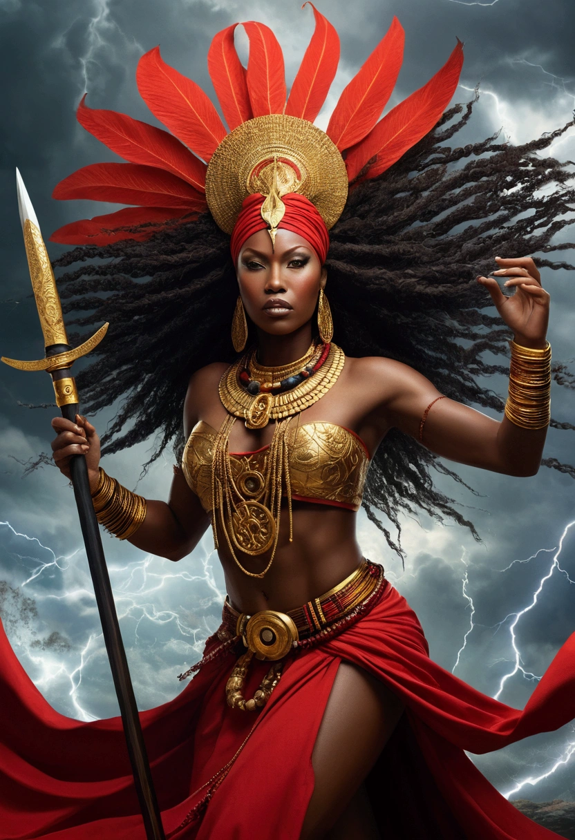 "A captivating and dynamic depiction of Iansã, the Yoruba orixá of winds, storms, and the guardian of the dead. She is portrayed as a powerful and beautiful African woman, adorned in vibrant red and gold attire, flowing gracefully in the wind. Iansã wields a sword and a horse-tail fly-whisk (irukere), symbolizing her control over the elements and spirits. The background features a tumultuous storm with swirling winds and lightning, highlighting her fierce and commanding presence. The scene is energetic and full of movement, reflecting her association with change and transformation."
