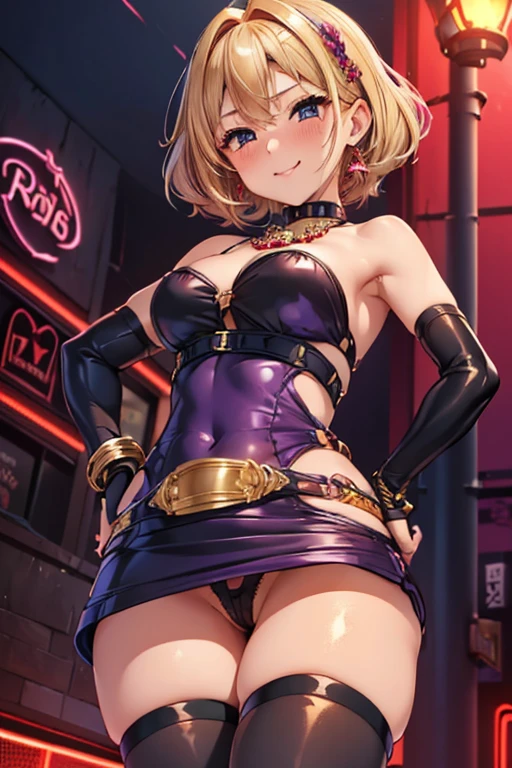 #基本
A girl is posing for a photo, ((One Girl)), (((Baby Face:1.2)) + ((cute:1.3))),
#A girl is posing for a photo, ((One Girl)), (((Baby Face)) + ((cute)) + ),
break
#Clothing Accessories
((Dark purple bodycon:1.5) : (Shiny) + ((Micro Dress)) + ((Golden O-ring)) + (A flashy black belt studded with jewels) + ((The skirt part is a pencil mini skirt)) + (Waist cutout) + ((Tight fit))), ((Dark purple elbow gloves:1.5)), ((Black knee-high stockings:1.4)), (Black High Heels),
((Black Thong)),
(A gorgeous gold bracelet studded with jewels), (red gem earrings), (A gorgeous necklace studded with jewels),
break
#Features
((Blonde)), Curly hair, (Twin tails : Short Hair + Rolled hair + Voluminous Hair + Red string ribbon),
((Droopy eyes), blue eyes, (Big eyes:1.2)), (Big Ass),
break
#background environment
((night), (Red Light District:1.4)),
#Facial Expression Pose
(Wicked Smile, (lure), (Estrus)), ((Waiting for someone with hands on hips), (model posing)),
#composition
((To the camera, Focus from the front, Cowboy Shot)),
break
#Body parts elements
(Slim figure),
(Detailed Hair, Beautiful Hair, Shiny Hair),
(double eyelid, Long eyelashes),
(Expression of fine eyes, Beautiful and delicate eyes, Sparkling eyes, Eye Reflexes, Glitter Eyeliner),
(Human Ear),
(Beautiful Nose, Thin Nose),
(Shiny唇, Beautiful Lips, Thick lips, Shiny唇, Natural Cheeks),
(Detailed face, Symmetrical facial features),
(Detailed skin, Textured skin, Beautiful Skin, Glowing Skin),
break
#Quality Image Quality Common
(((Highest quality)), ((masterpiece)), ((Very detailed))), ((Ultra-high resolution)), ((16K, 1080P)), ((FHD)),
(Anatomically correct), (Realistic), (3DCG),
#Quality image illustration
((comics, anime)), CG illustration,