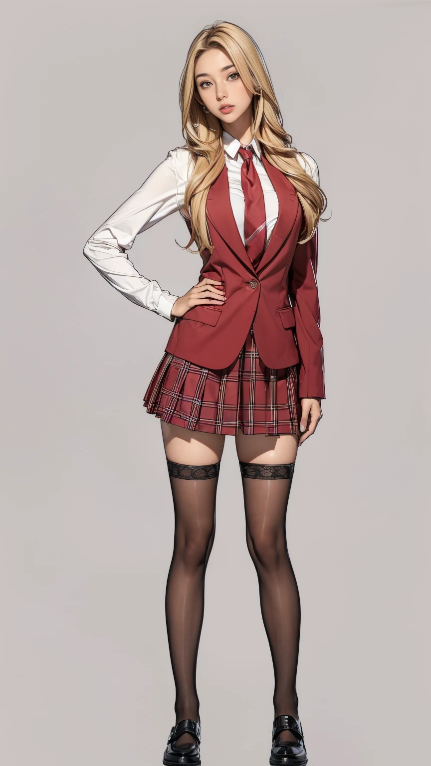 ((best quality,4k,highres,masterpiece:1.2)),((character concept art)), 1 female, age female, 15-year-old Asian beauty queen, ((blonde shoulder-length hair)), bleached hair, (tan skin colour), ultra finely detailed eyes (brown eyes colour), confident, beautiful, , slim body build, ((intricate detail)), super finely detailed hands, ultra finely detailed fingers(((ten fingers))), wearing red velvet school blazer over white long sleeves school shirt with loosened necktie, plaid mini school skirt, black stocking, and black school loafers, (standing provocatively), (full body showcase), (show full body), (no logos on background), (no logo), ((plain background)), ((plain background)), (((empty background)))
