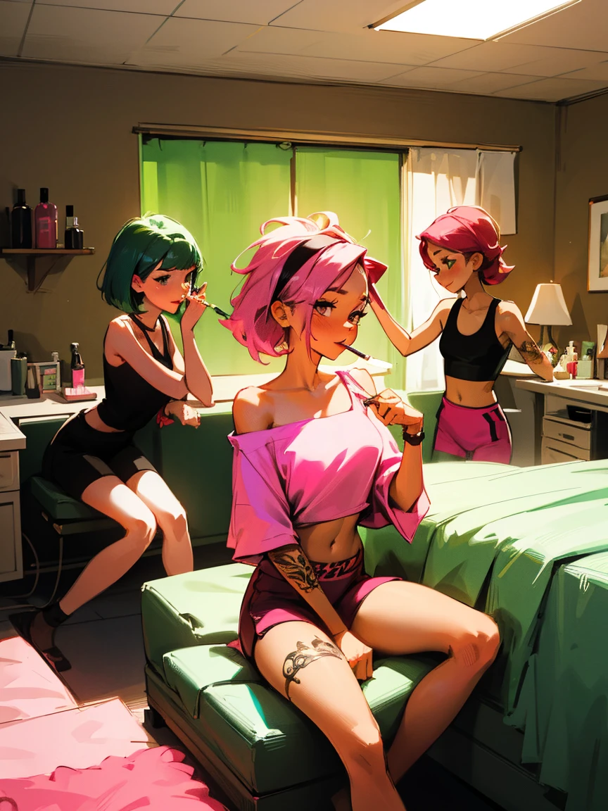 Digital illustration of 5 girls in a busy bedroom, [1 girl in a red bra & yellow shorts is sitting & holding a lighter with a cigarette in her lips], 2 girl with pink hair, tattoos, & a black crop top and shorts is dyeing her hair, 3 girl wearing a pink headband, maroon tank top, and white shorts, is sitting next to them, 4 girl in a green towel is applying makeup while holding a phone, 5 girl with a short bob haircut and a green off-shoulder top, is gesturing with a makeup brush. The bedroom is cluttered with beauty products, tools, and a washer or dryer, with warm, mixed lighting creating a lively, intense atmosphere. The scene should show a mix of focus, casual interaction, and a bit of chaos, with vibrant and dynamic expressions,