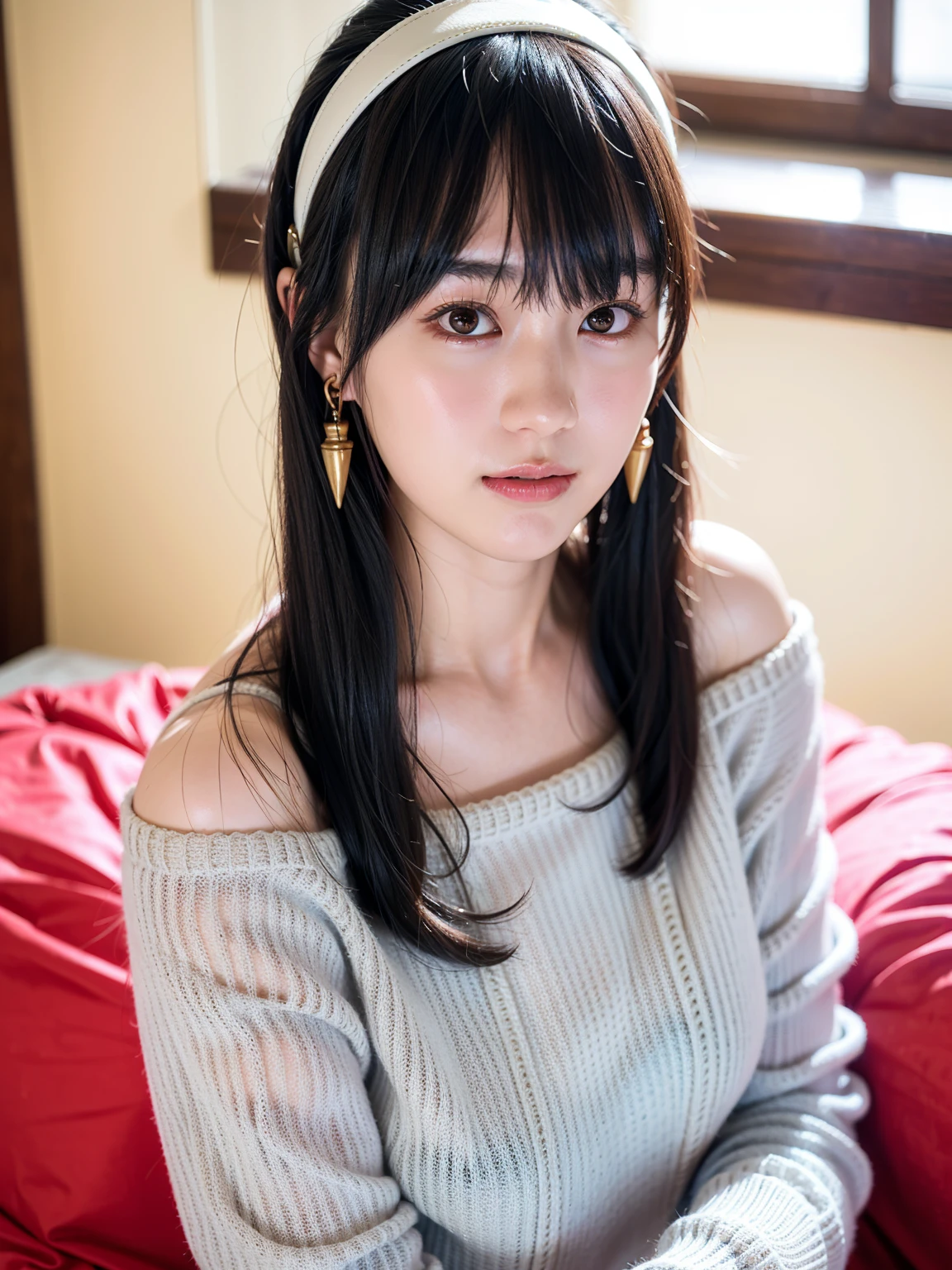 hight resolution、​masterpiece、1girl in、Bjorf、A dark-haired、short hair with long locks、white hairband、Look up、Kamimei、bending forward、smile、Bring your face closer、Red Eyes、Gold Earrings、Jewelry、off shoulders、Red Sweater、long-sleeve