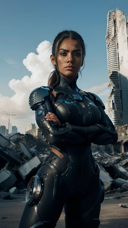 A highly detailed Cyborg, arms crossed in front of a destroyed city, boasting futuristic details on its bionic body. (Um ciborgue extremamente detalhado com arms crossed in front of a destroyed city, with futuristic details on its bionic body.)