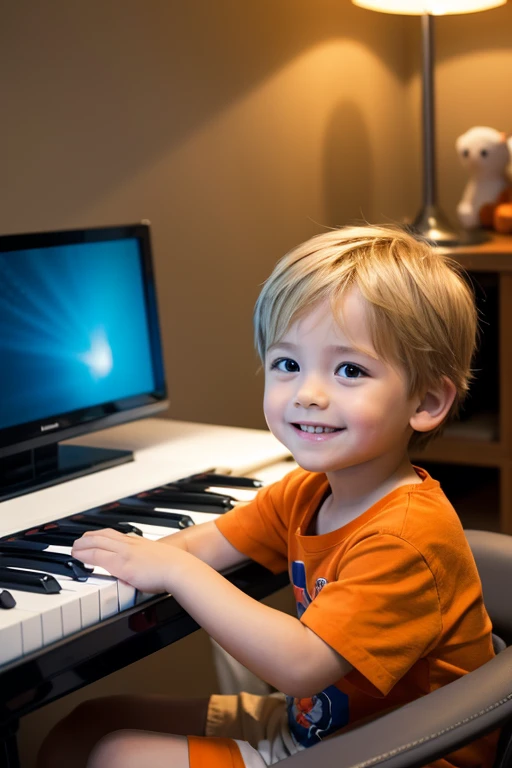 In a warm, cozy room, sitting at a flat-screen electronic piano is a small, cute  , about three years old, with blond hair and an orange shirt. The  is smiling. Beside him sits a cat. The room is softly lit, and in the background we see a lamp on a stand and some toys. The scene is bright and heartwarming. The boy is facing us. Please create a frontal angle.