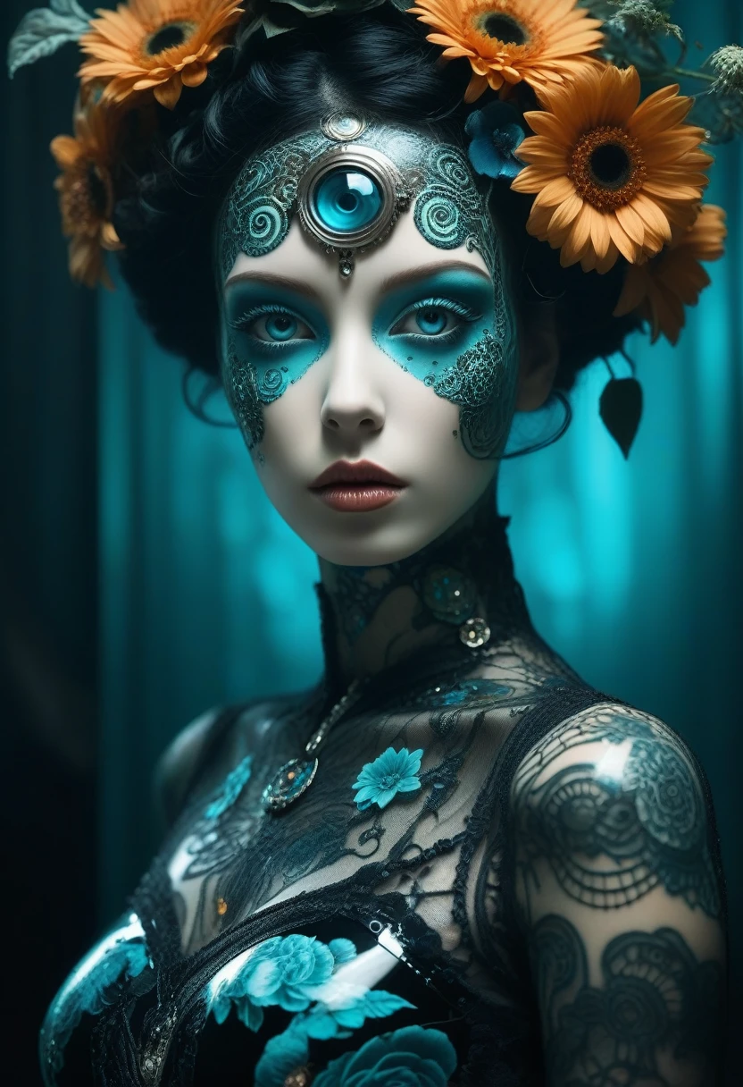(Little funny robot, porcelain face and head, big turquoise eyes) Perfect eyes, double exposure, flower fantasy, dark gothic biomechanical art deco essence. Her punkish, tattooed, voodoo-like figure is partially hidden in a swirling obsidian silk dress with delicate filigree floral patterns that echo the inimitable style of Gustav Klimt. Caught in an environment of reflective holographic mirror panels that split the space around them into a scattering of angular contrasts, a background of shadows against a bright background.