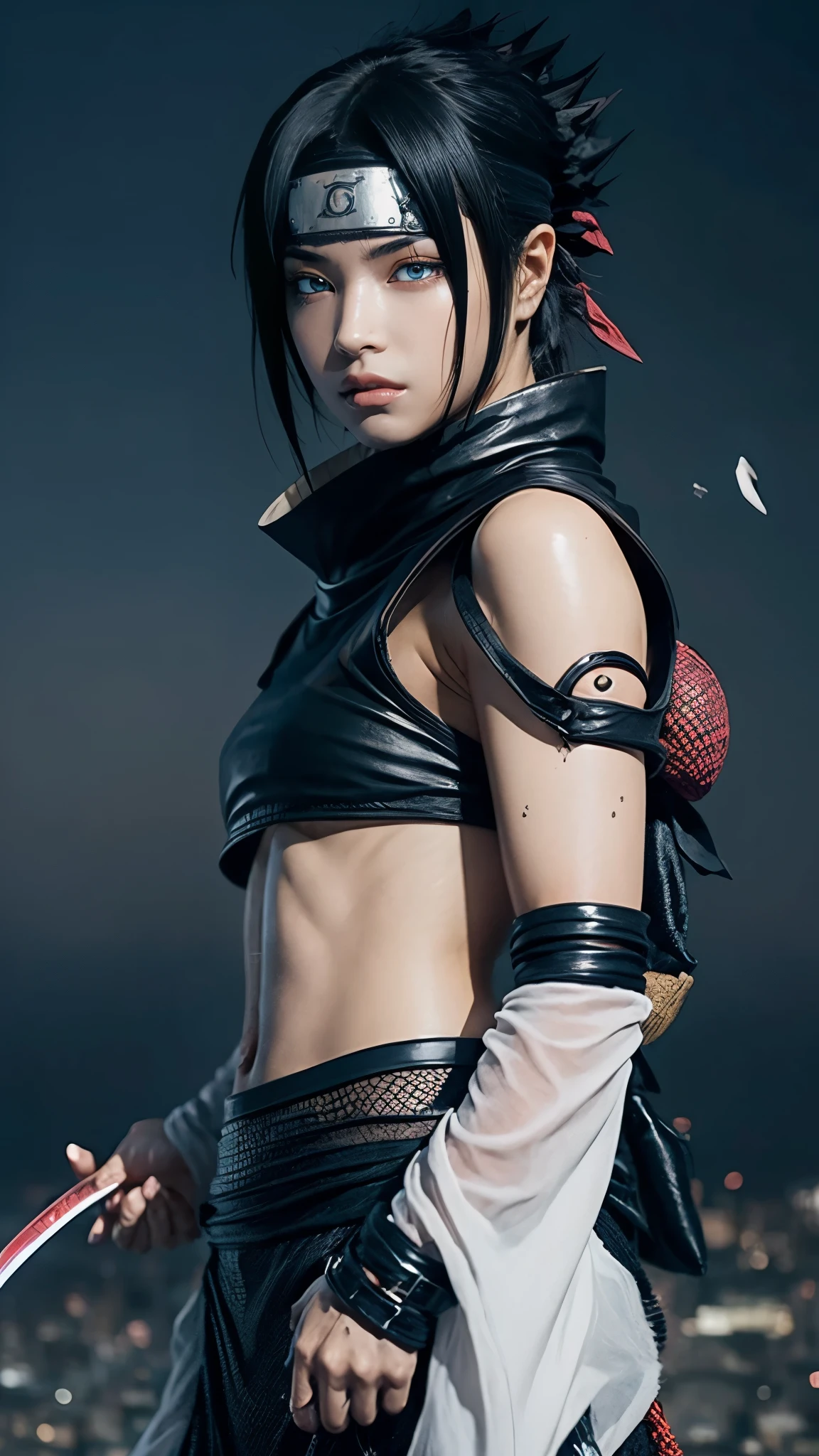 Moisturized skin, (bright gradient eyes), perfect body, adult female body, mature, cold expression,
BREAK,
(beautiful navel), (kunoichi), (ninja), sexy, (kunai), (leather), fishnet, (fishnet stockings: 1.2), (black clothes), bright red lipstick, (ninja clothes: 1.4),
BREAK,
(highly detailed hair: 1.2), spiky black hair, ((wearing a bowl-shaped ornament on the forehead)),
BREAK,
((masterpiece + highest quality + high resolution + highly detailed)), (full body: 1.2), symmetrical, one shot,
BREAK,
(electricity flows), (strong wind blows: 1.5), ((battle stance)), (big full moon),
BREAK,
(Uchiha Sasuke: 1.3), elegant, ((holding a Japanese sword)), black sword, neon city, night,