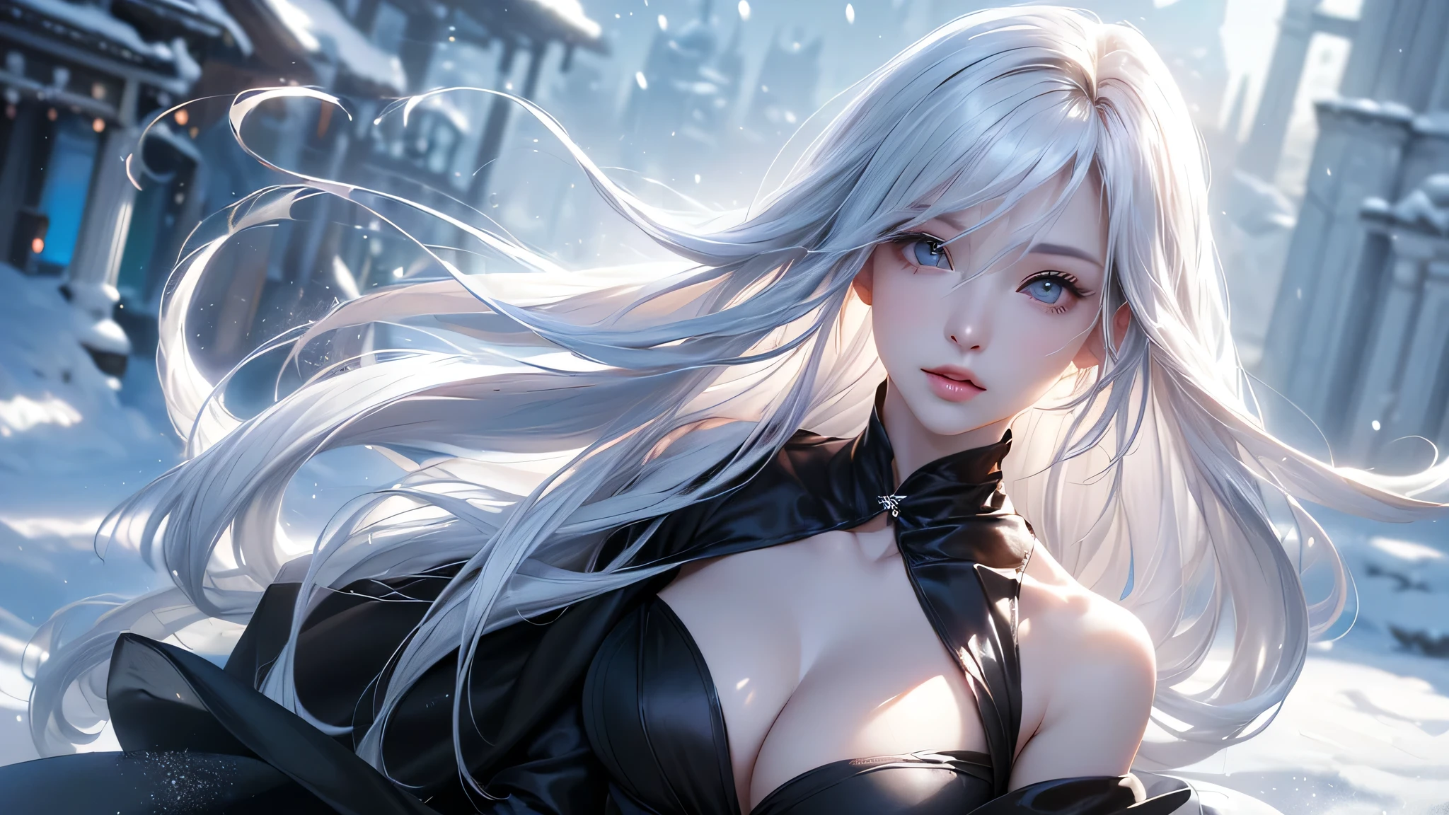 ((Picture from the waist up))((masterpiece:1.5、8k、Tabletop、Photorealistic and very detailed CG、Very detailed、Particle Effects、Dynamic Effects、Shallow depth of field、Cinematic Light、Lens flare、Ray Tracing、Tabletop、Realistic:1.4、Ultra-high resolution:1.2、Realistic、Realistic))((alone、,A woman wearing a black cashmere coat over a halter neck dress:1.4、Elegant woman posing、Detailed face、brightexpression、young, bright, Whiter skin、Medium chest、Beautiful cleavage、Best Looks、ASİAN、Ultimate beauty、bright and shiny hair,、Super long, Silky straight hair、Hair dancing in the wind))(morning、The setting is outdoors in the snow、Crystal of snow)((shiny white hair))
