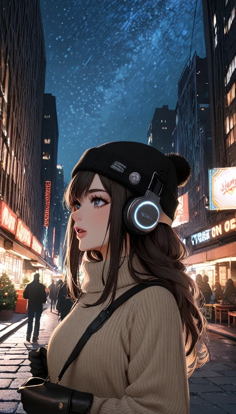 one girl with headphones, walks in streets of NYC, 22 years old, brunette hair, winter night. beautiful landscape of NYC,  in night sky, travel, tourist, sweater, gloves, black winter hat, long black hair, 
