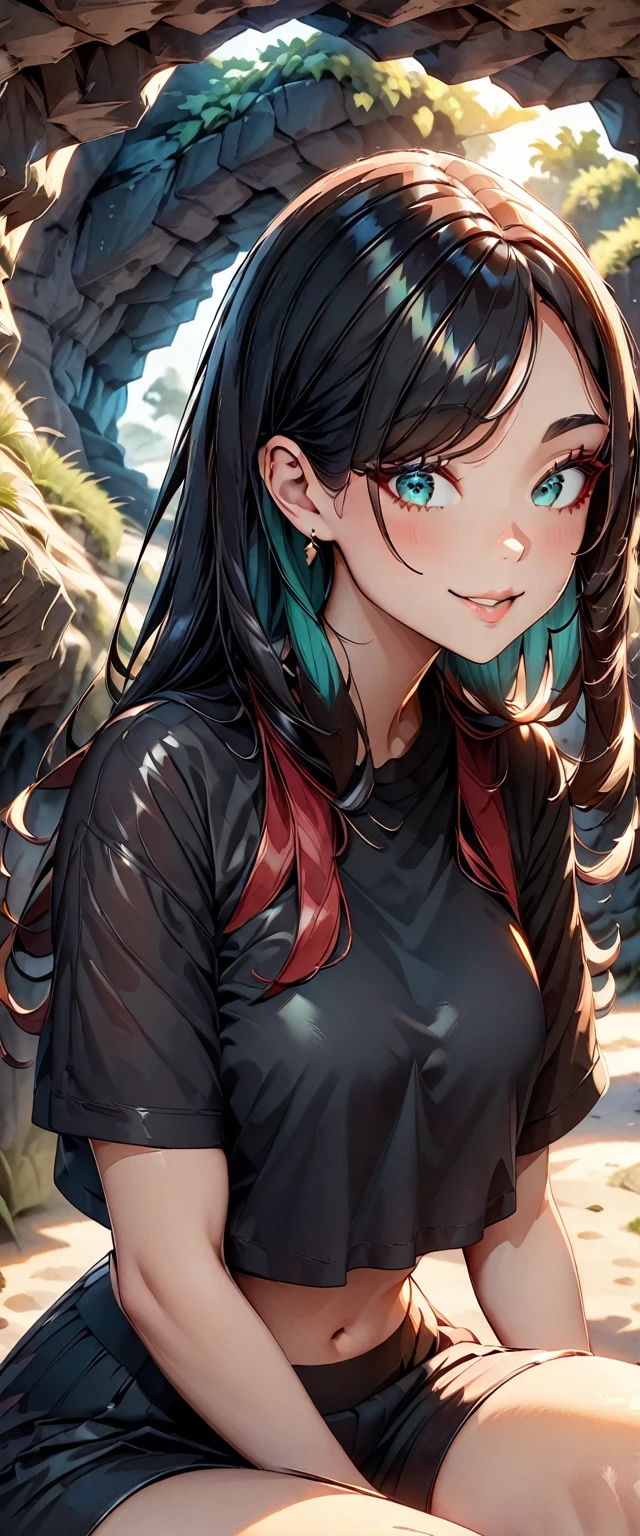 Photo of a girl with natural skin, , ((Baby Face)), Smiling, ((Sitting, Leaning forward)), From the side, Round face, Red mesh hair, ((Upper Body)), Beach cave, The light is shining in, High Twintails, Black hair with red mesh, Sharp eyes with red eyeshadow, Blue-green eyes, Shining eyes, A thin, upturned nose, Well-shaped lips, ((crop top overhang, Short sleeve, Black clothes, Glamour body)), Makeup, Exquisitely crafted with the utmost attention to detail, Vibrant, amazing, Smooth, Cinematic, 4K, Backlight, (()), Shallow depth of field, ((Detailed eyes:1.3, Detailed lips:1.3, high quality, )), masterpiece, Super detailed images, High quality
