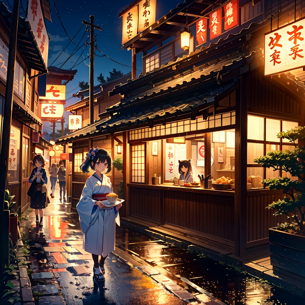 {{{Masterpiece, highest quality, high resolution background}}}, bright and beautiful atmosphere, 3 girls (, 1 short-tempered round face), 1 person (hair, surface effects), small breasts, Japanese ramen shop A long line of girls outside, a limp mini-pig, a Japanese background late at night, a mini-pig dressed as a Japanese ramen shop, "deltamon_sdXL :0.73) >Deltamon"