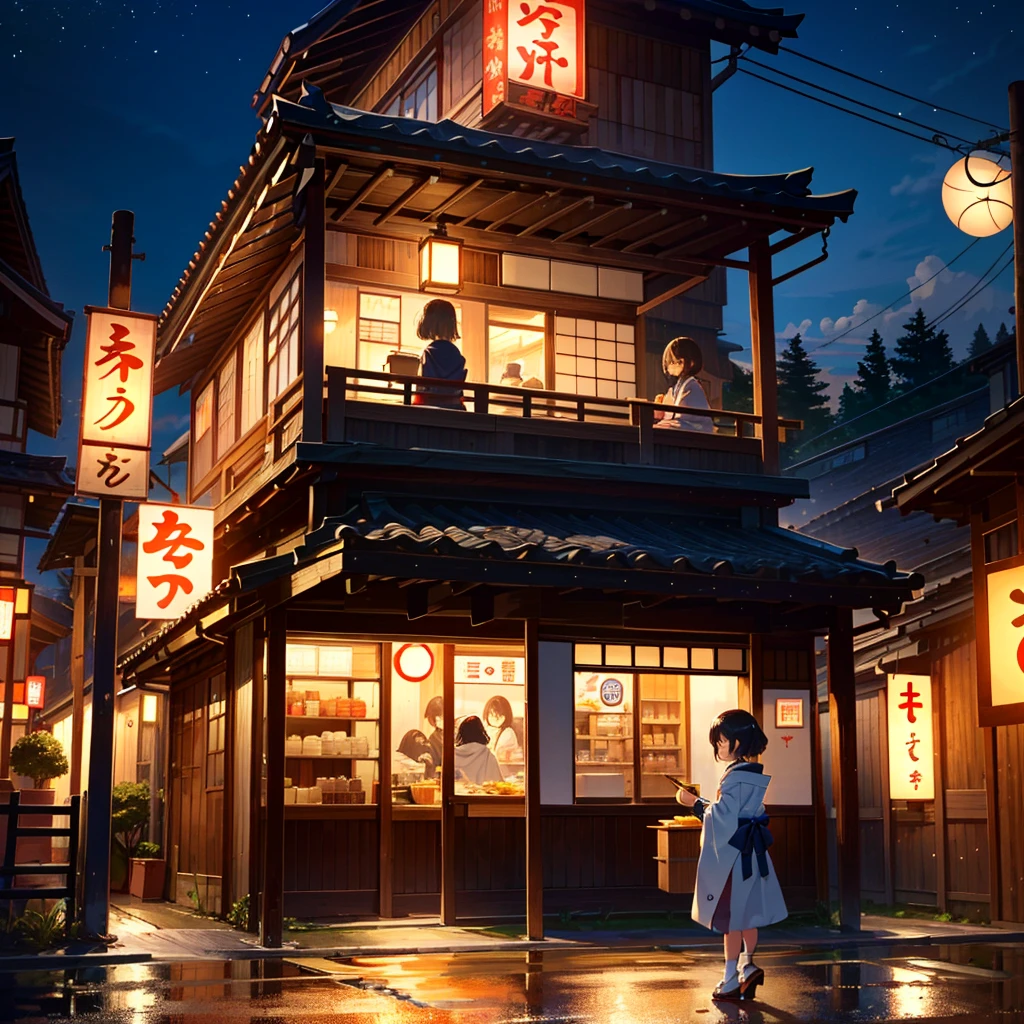 {{{Masterpiece, highest quality, high resolution background}}}, bright and beautiful atmosphere, 3 girls (, 1 short-tempered round face), 1 person (hair, surface effects), small breasts, Japanese ramen shop A long line of girls outside, a limp mini-pig, a Japanese background late at night, a mini-pig dressed as a Japanese ramen shop, "deltamon_sdXL :0.73) >Deltamon"