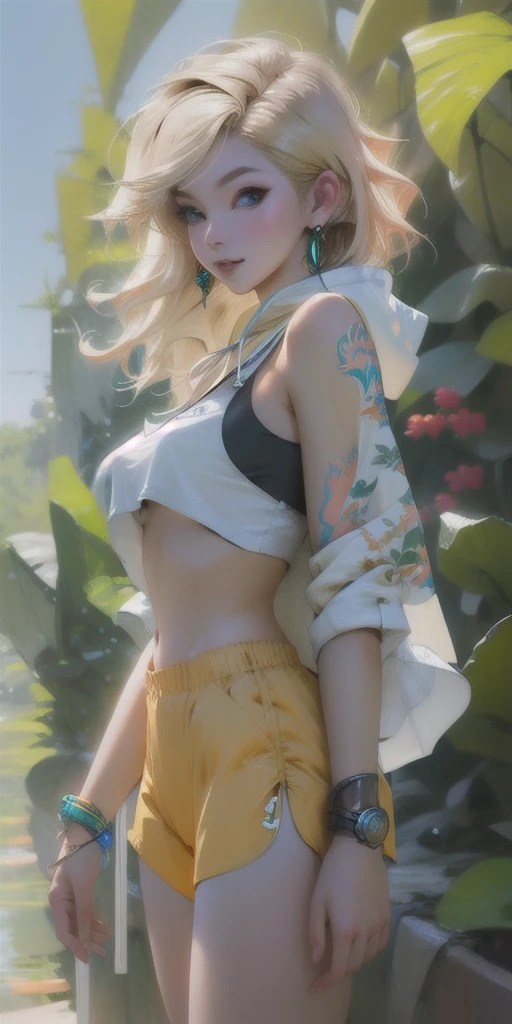 best quality, digital art, digital paint, masterpiece, 1girl, (dolphin shorts), side slit, draw string, crop top hoodie, crop top overhang, cowbow shot, large breast, green eyes, blonde, artgem style, like rossdraws, 