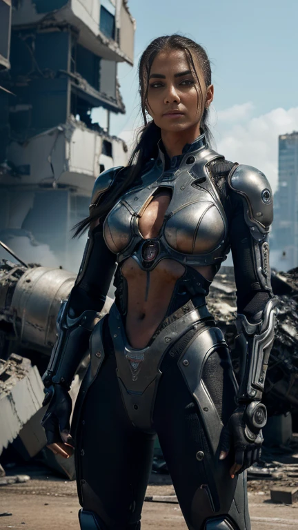 A highly detailed Cyborg, arms crossed in front of a destroyed city, boasting futuristic details on its bionic body. (Um ciborgue extremamente detalhado com arms crossed in front of a destroyed city, with futuristic details on its bionic body.)
