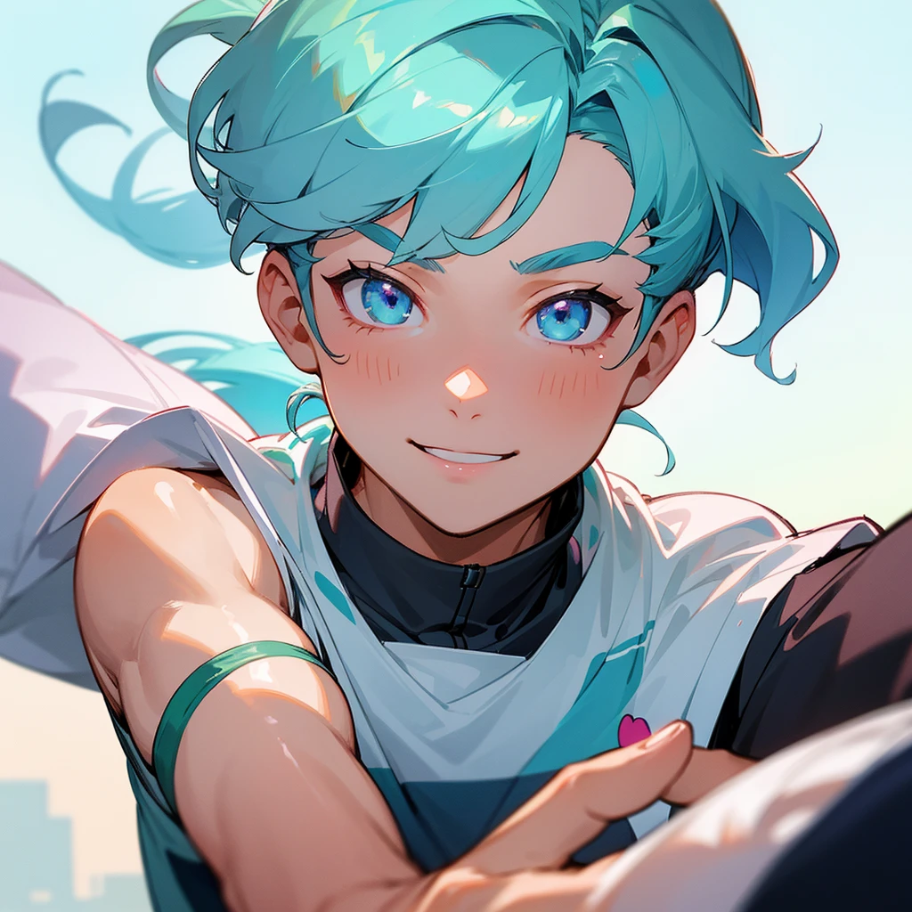Eyes: Bright green, almond-shaped
Body: Athletic build, lean.
Face: Heart-shaped face with smile
Hair: Wavy, pastel blue hair often tied back in a loose ponytail.
Anime young male in soccer uniform. Close up selfie picture